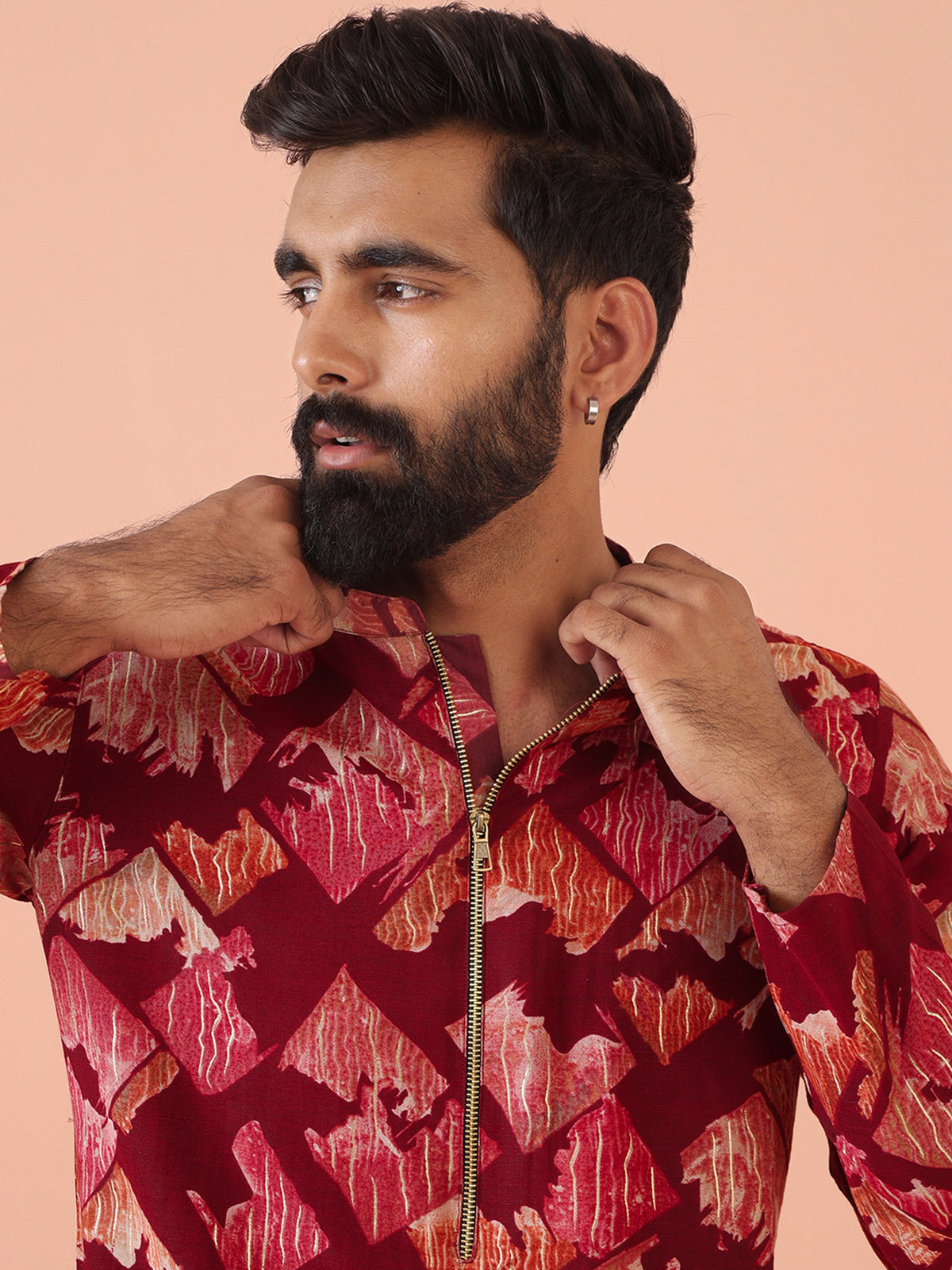 Maroon Cotton Silk Printed Cream Kurta