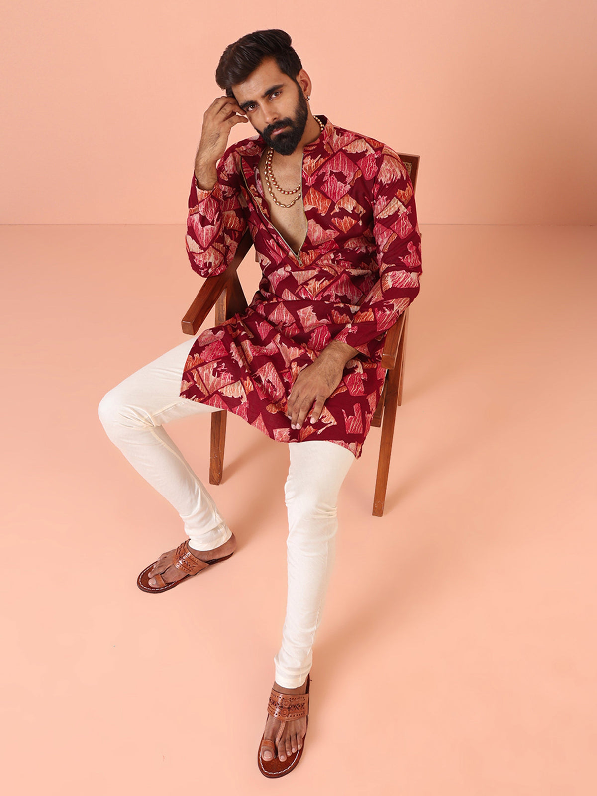 Maroon Cotton Silk Printed Cream Kurta