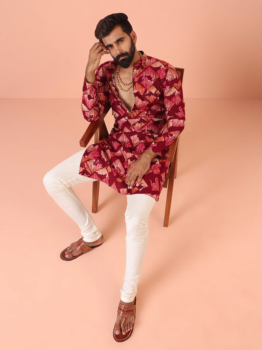 Maroon Cotton Silk Printed Cream Kurta