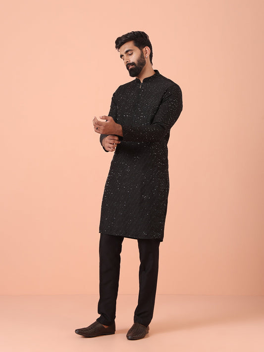 Men Black Embellished Kurta