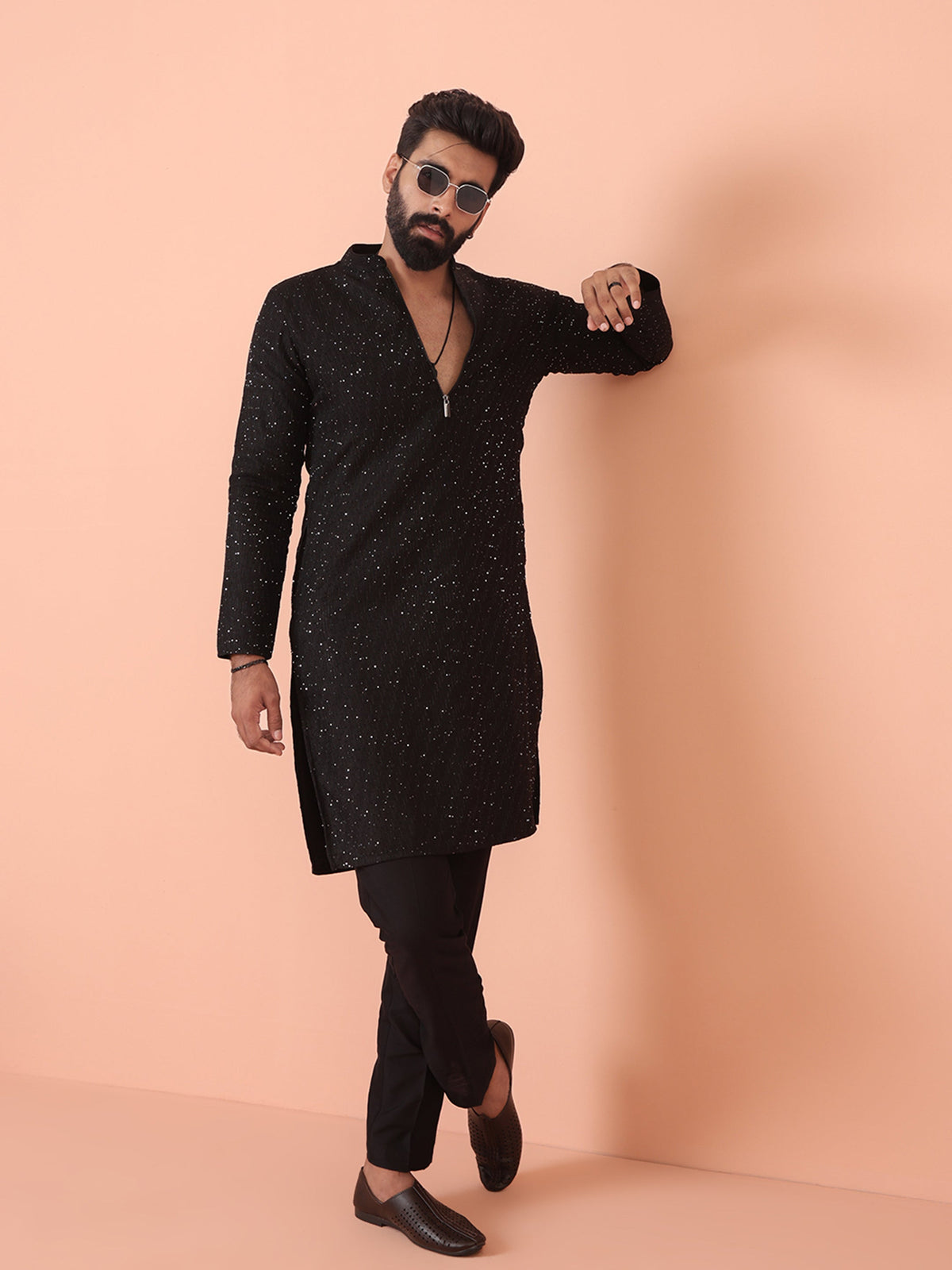 Men Black Embellished Kurta
