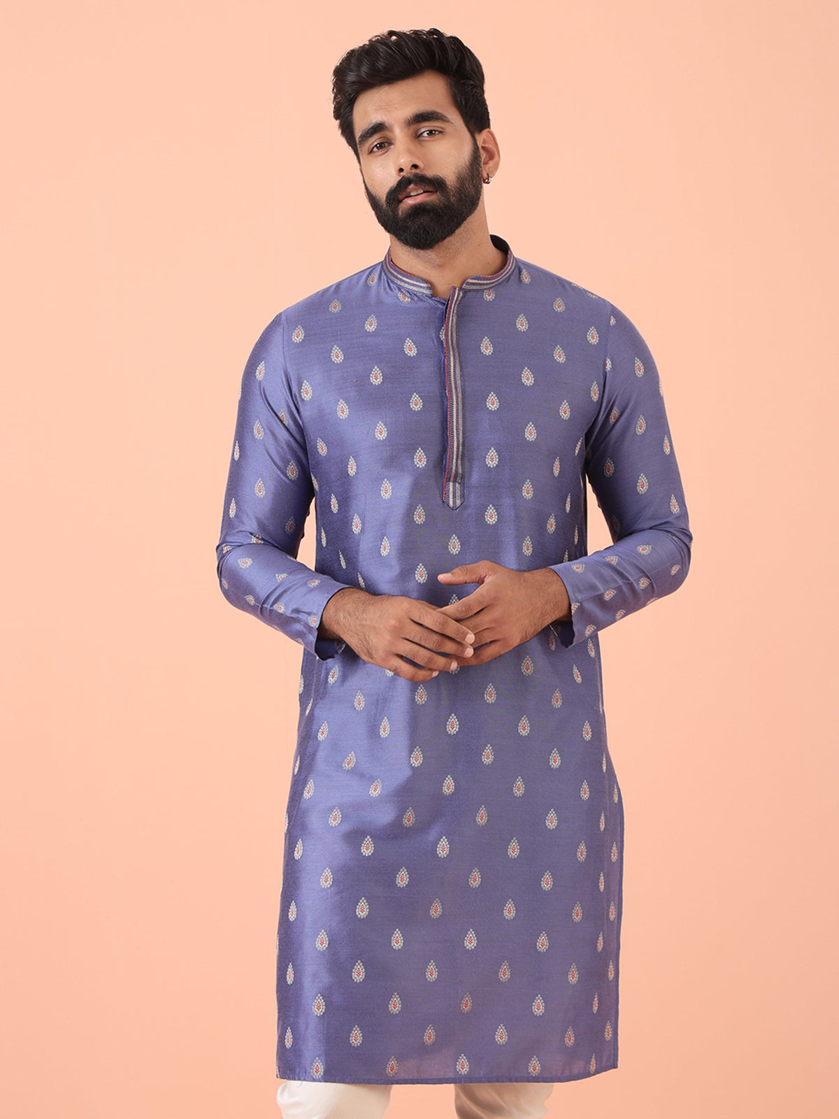 Lavender Kurta with Silver Buta Print and Contrast Placket