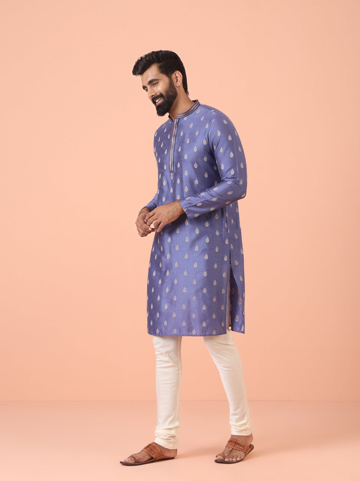 Lavender Kurta with Silver Buta Print and Contrast Placket