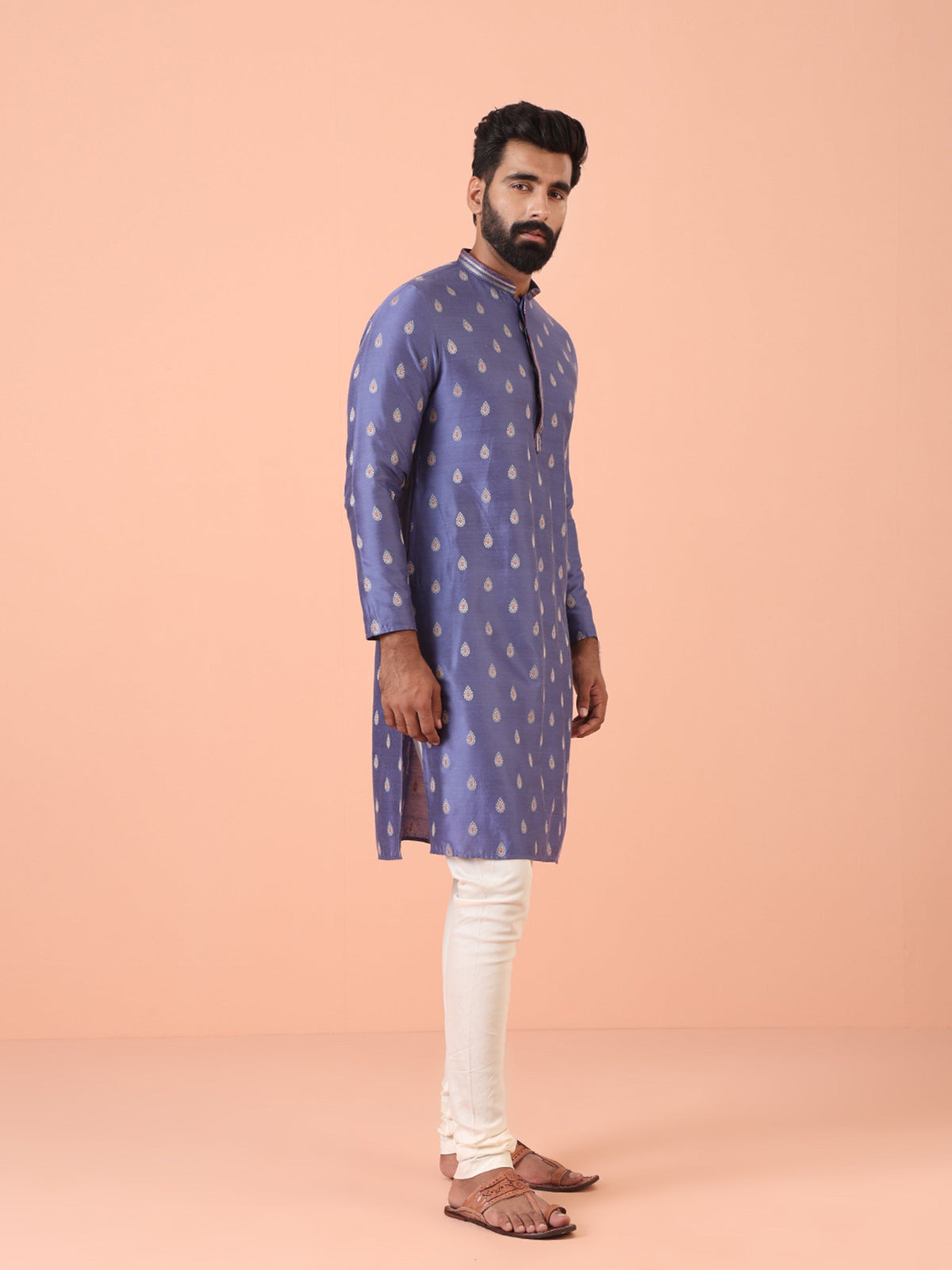 Lavender Kurta with Silver Buta Print and Contrast Placket