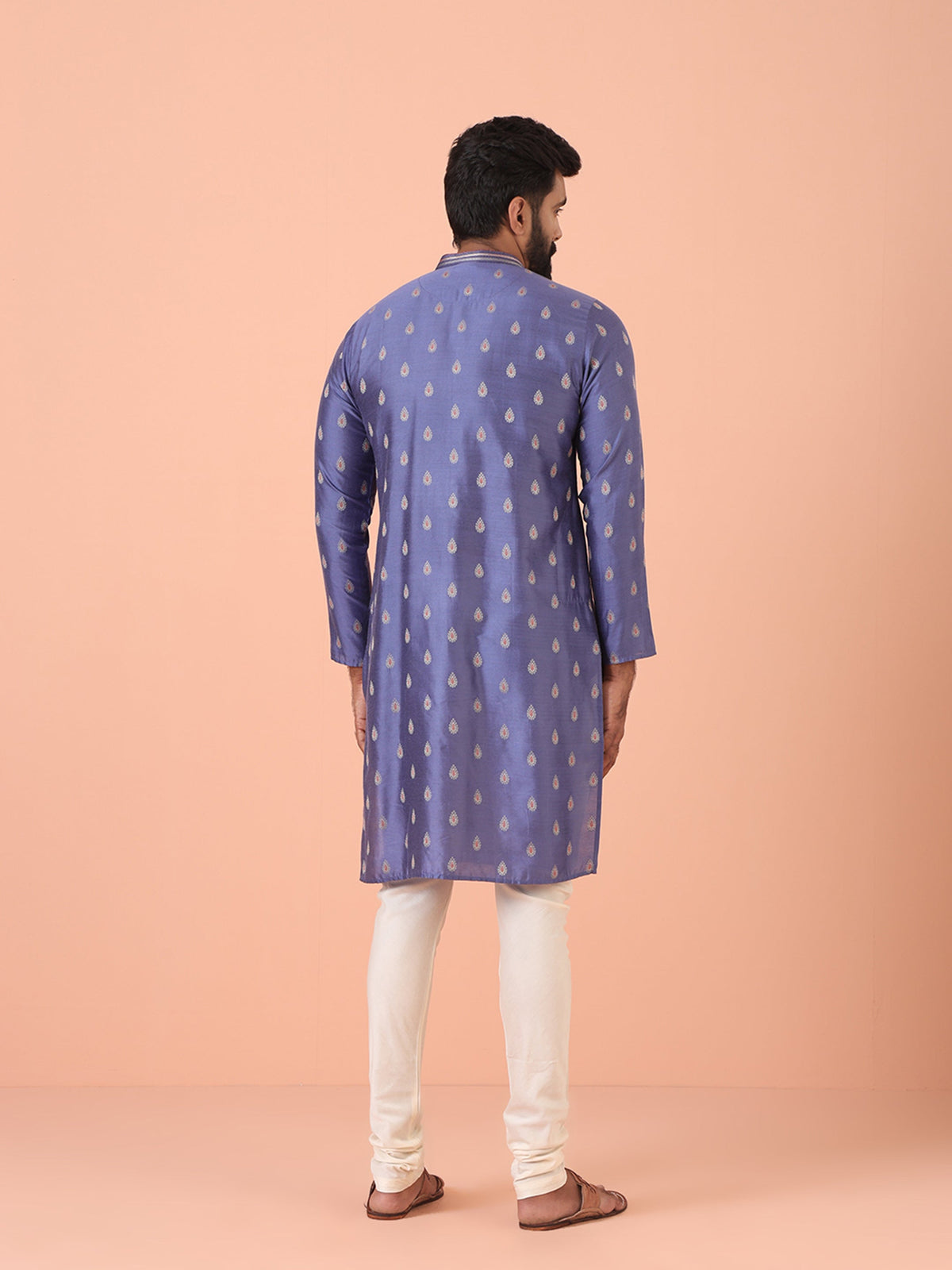 Lavender Kurta with Silver Buta Print and Contrast Placket