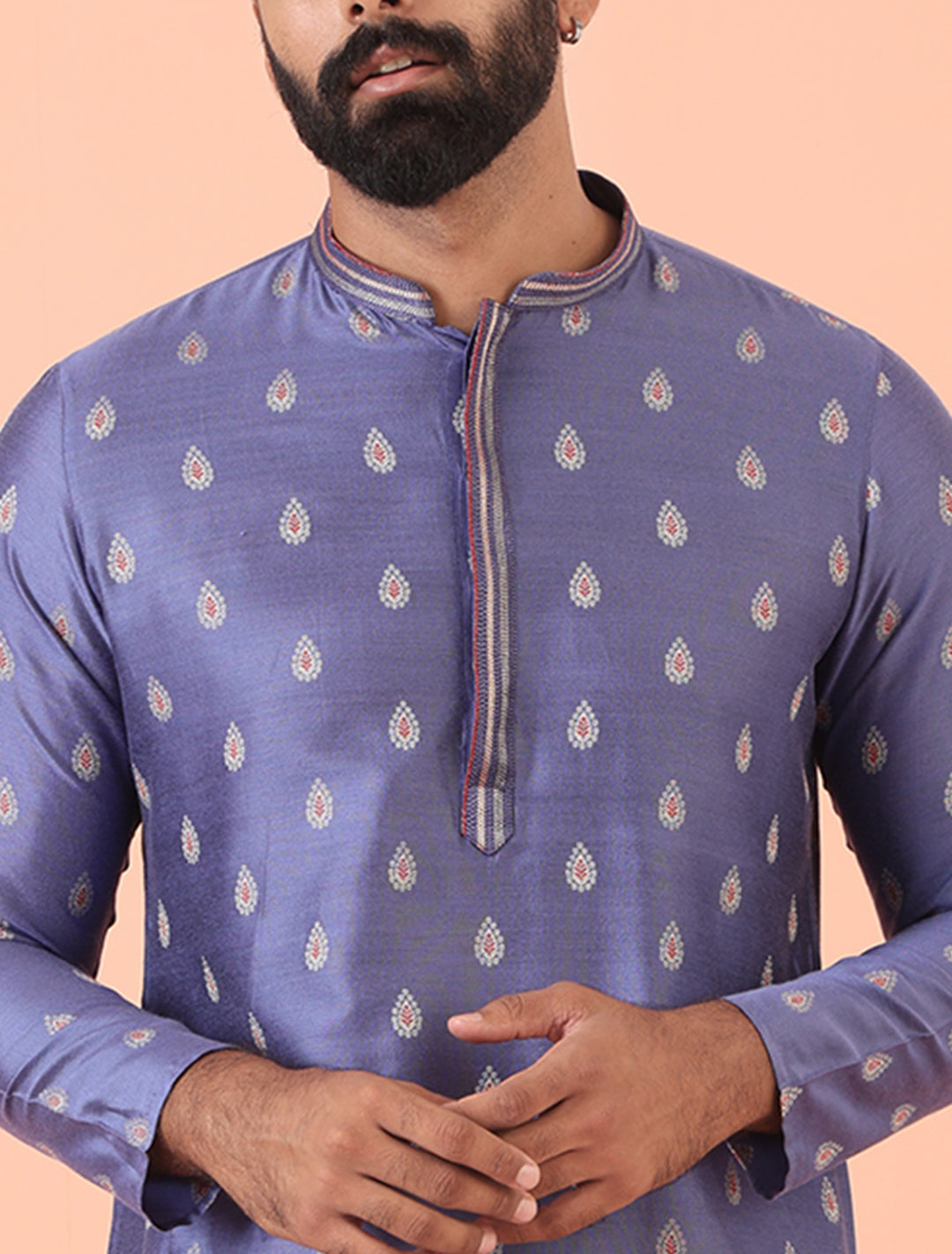 Lavender Kurta with Silver Buta Print and Contrast Placket