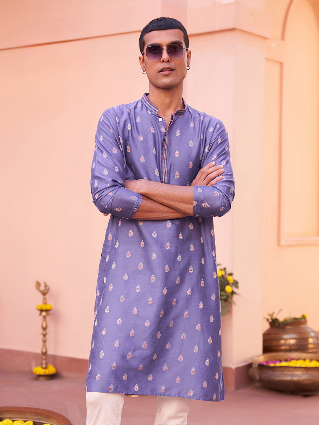 Lavender Kurta with Silver Buta Print and Contrast Placket