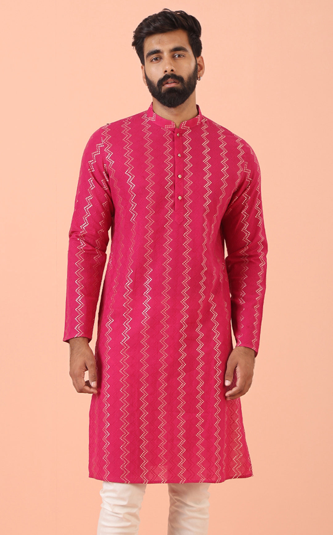 Pink Silk Blend Kurta with Metallic Jacquard Weave and Mandarin Collar