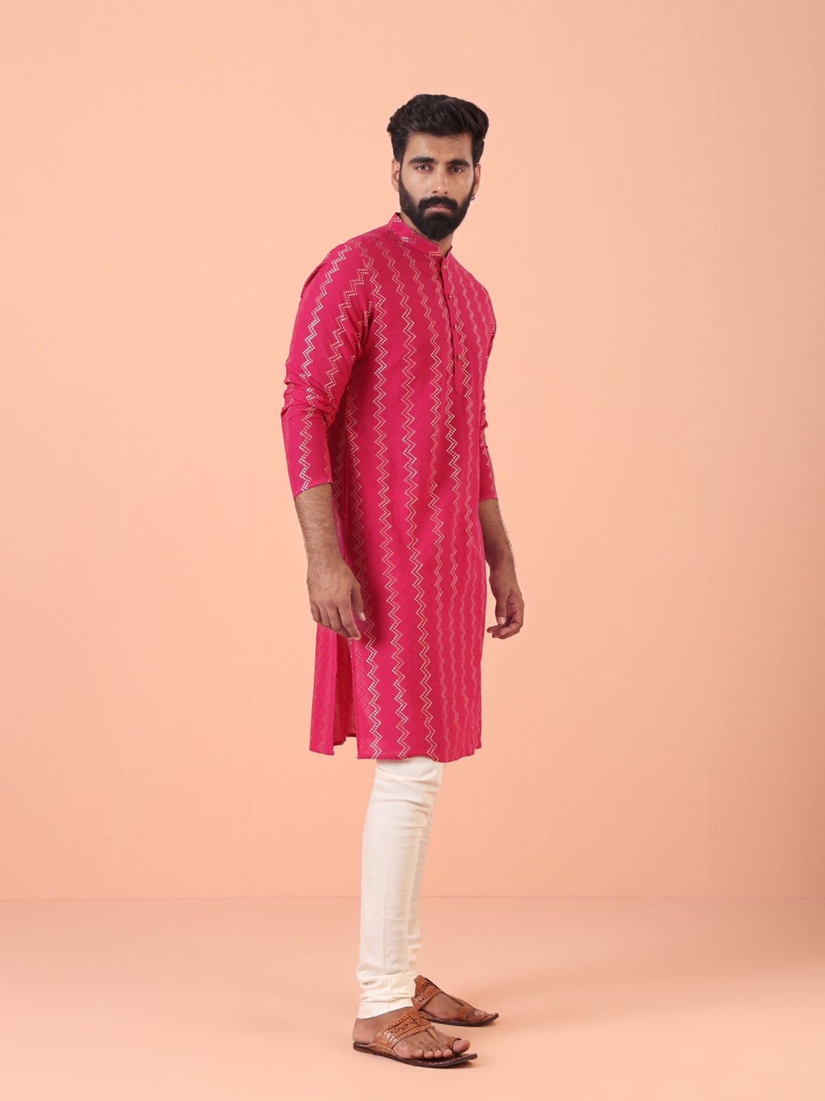 Pink Silk Blend Kurta with Metallic Jacquard Weave and Mandarin Collar