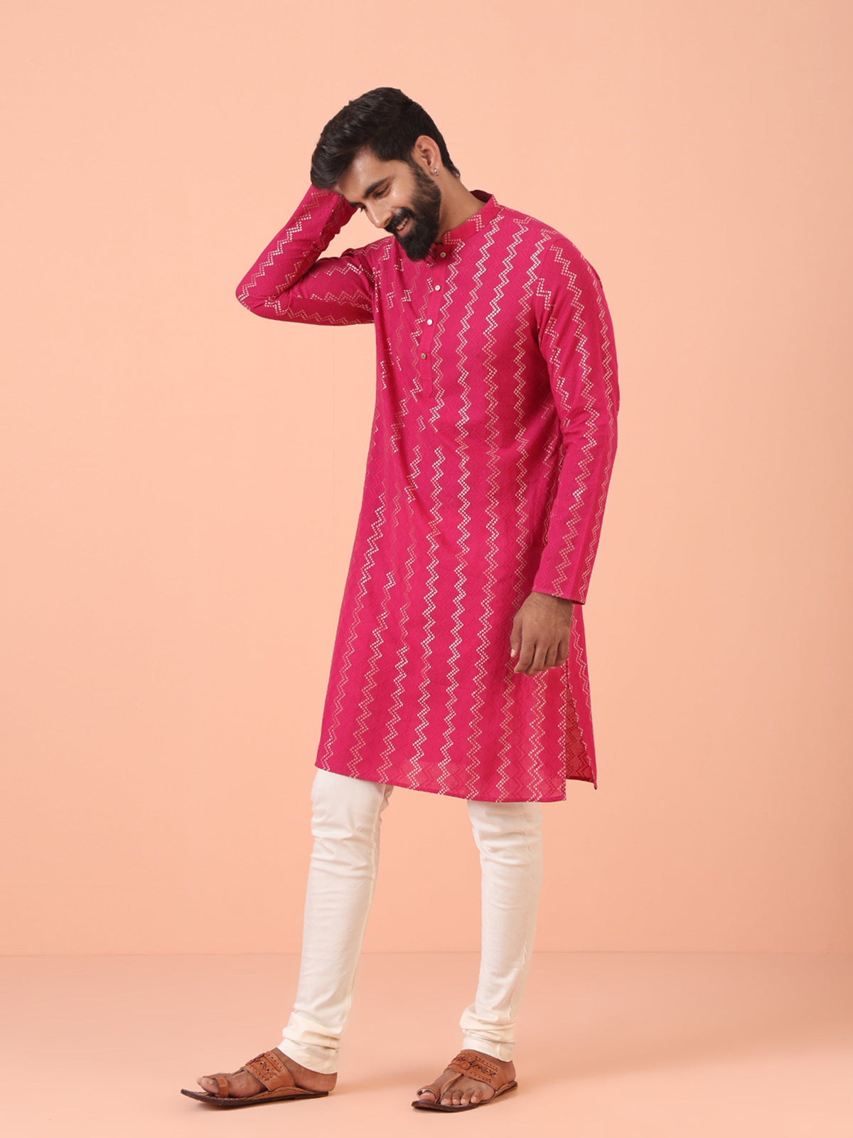 Pink Silk Blend Kurta with Metallic Jacquard Weave and Mandarin Collar
