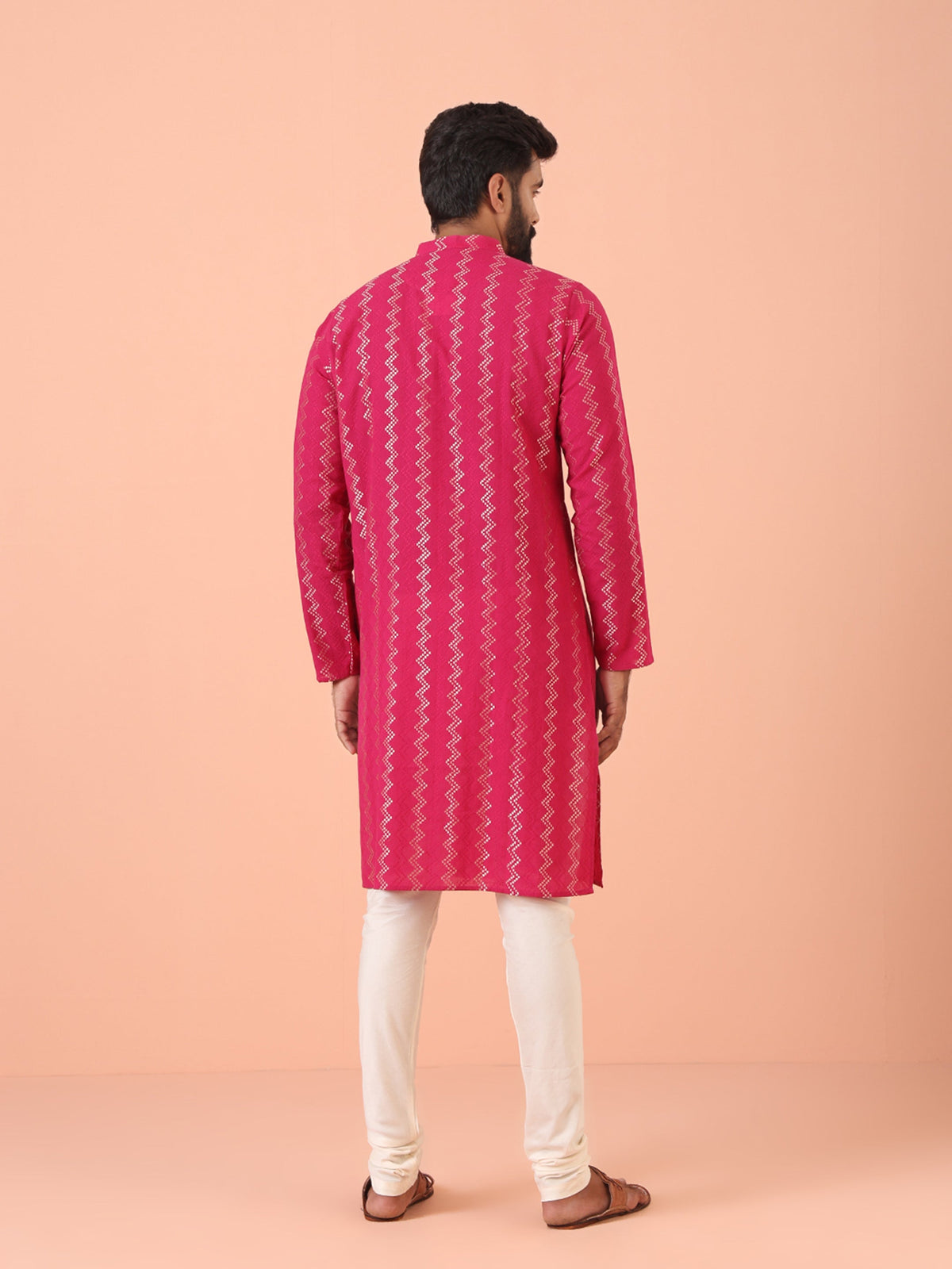 Pink Silk Blend Kurta with Metallic Jacquard Weave and Mandarin Collar
