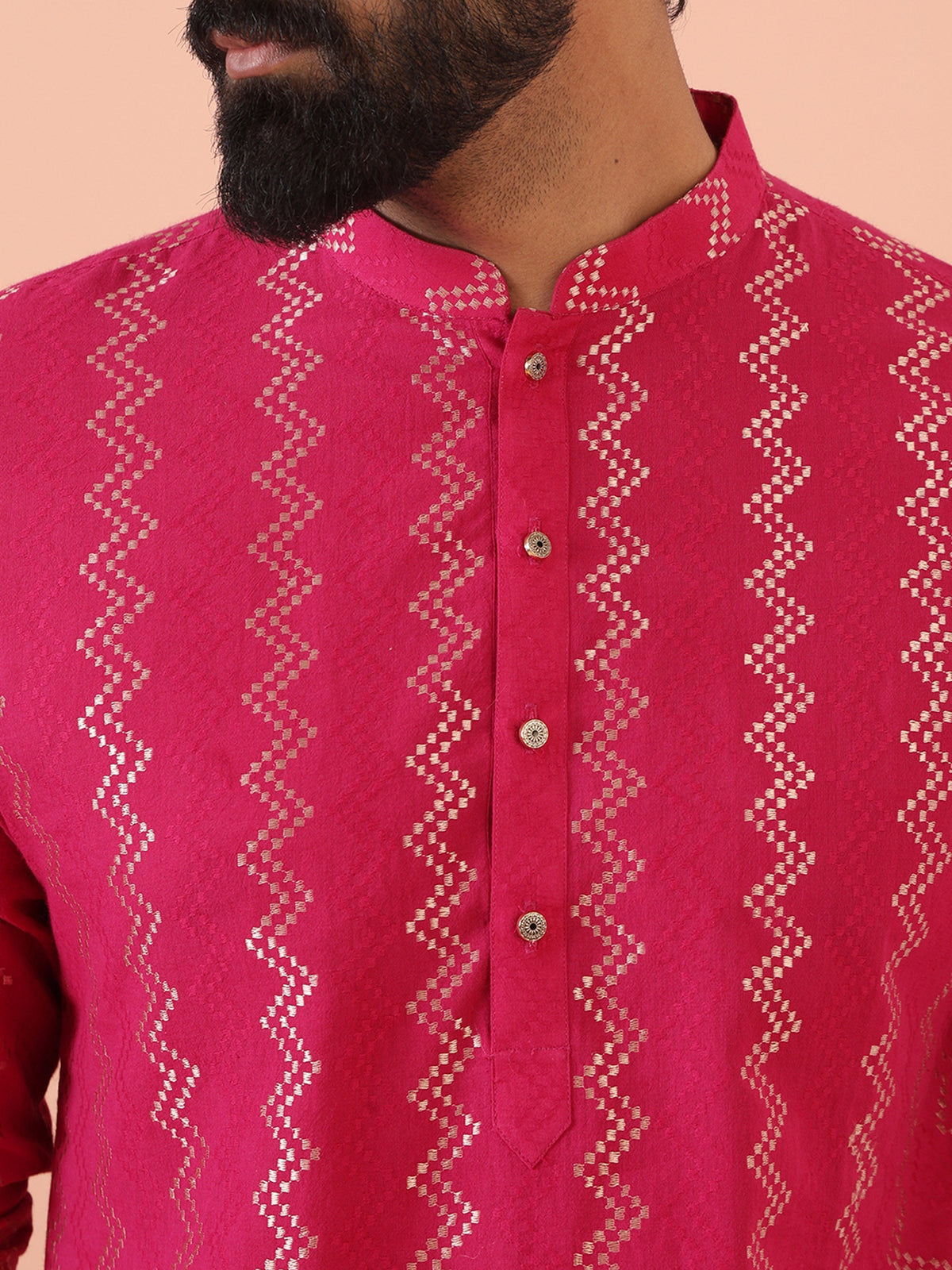 Pink Silk Blend Kurta with Metallic Jacquard Weave and Mandarin Collar