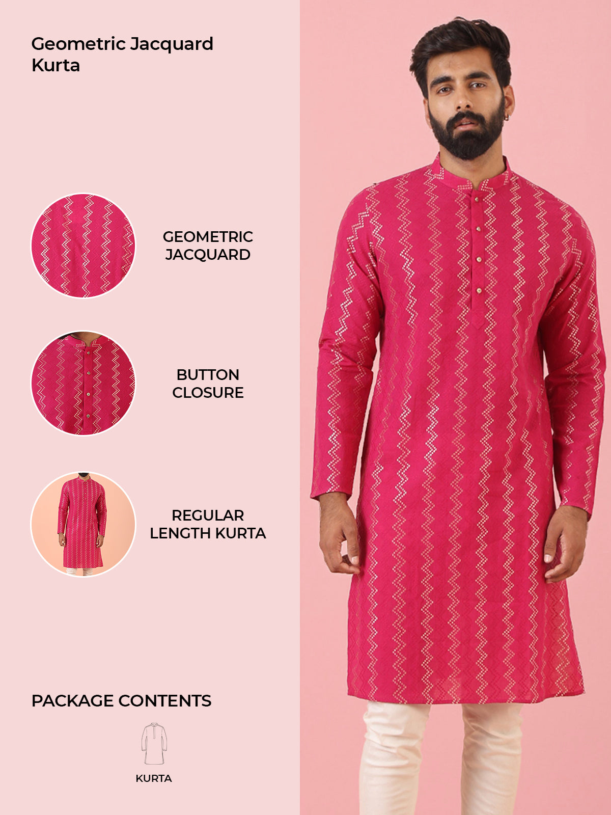 Pink Silk Blend Kurta with Metallic Jacquard Weave and Mandarin Collar