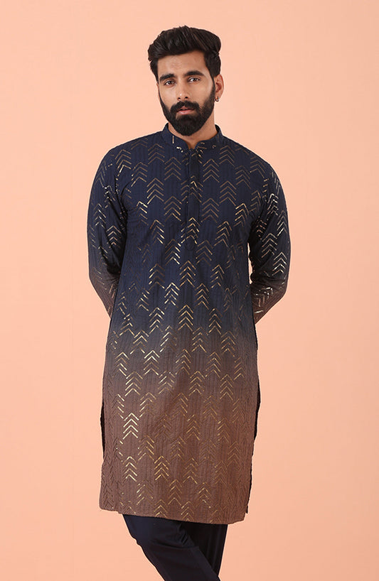 Navy Ombre Golden Print Silk Kurta