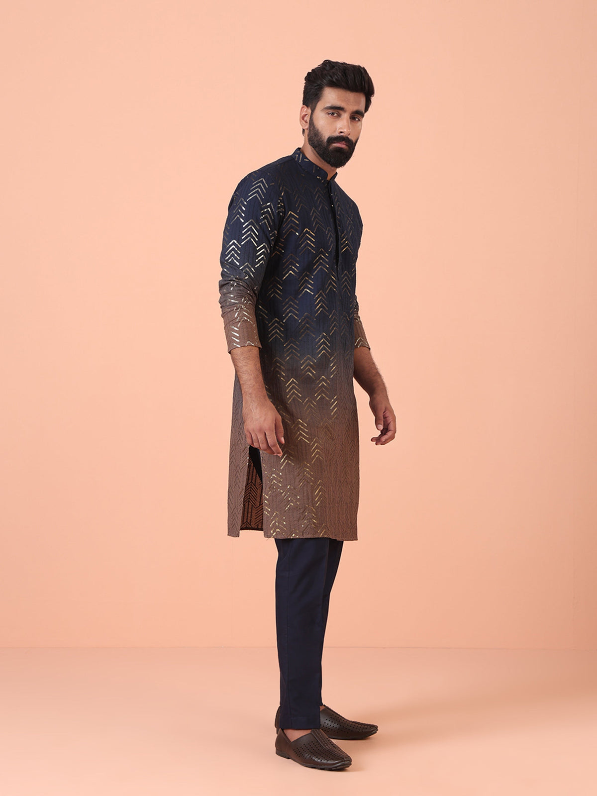 Navy Ombre Golden Print Silk Kurta