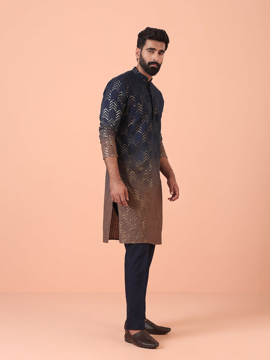 Navy Ombre Golden Print Silk Kurta