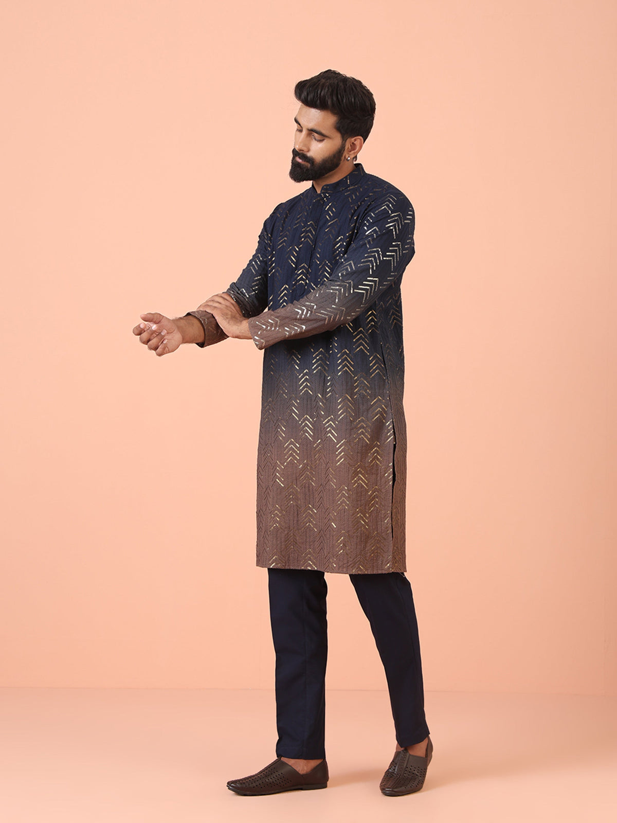 Navy Ombre Golden Print Silk Kurta