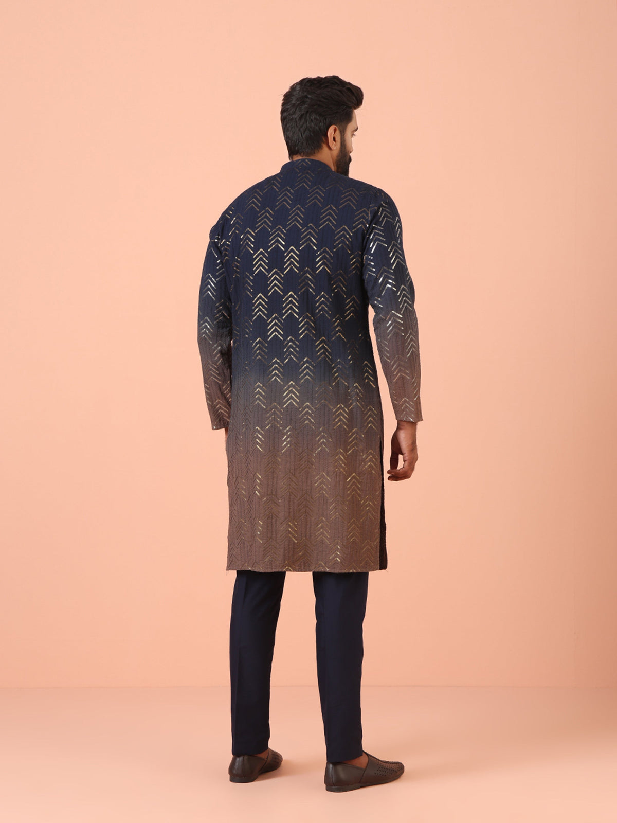 Navy Ombre Golden Print Silk Kurta