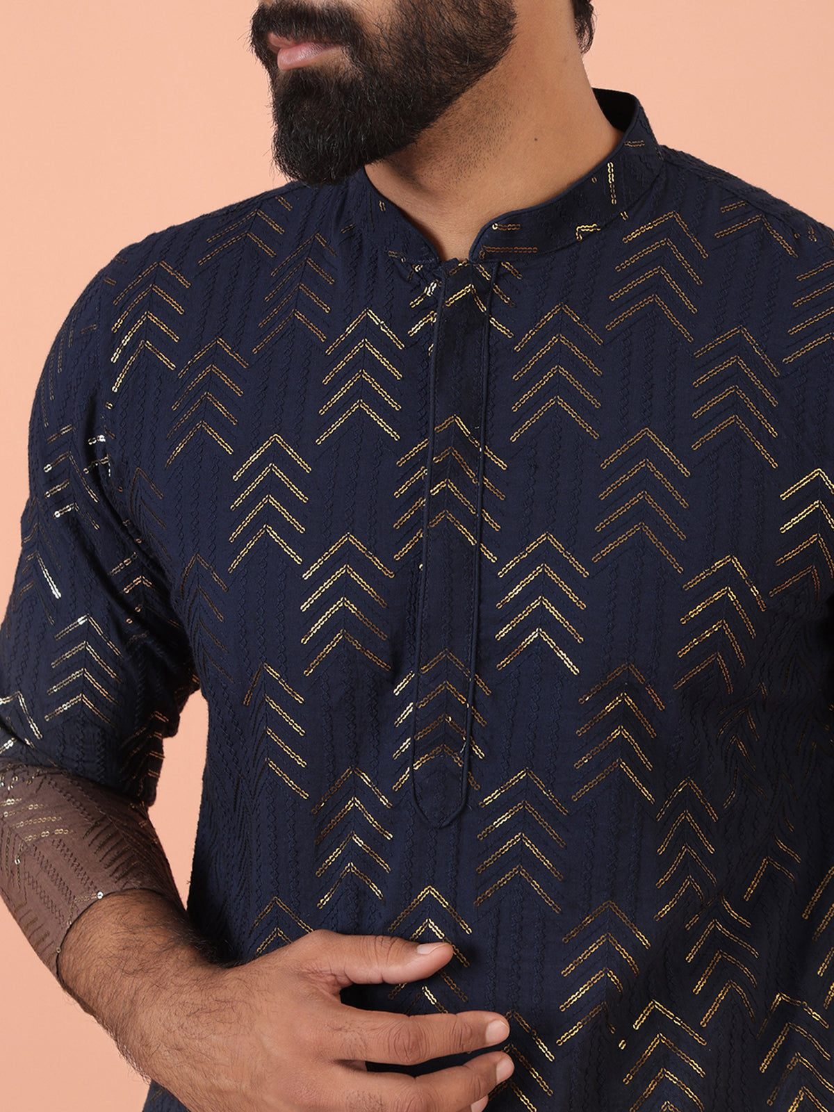 Navy Ombre Golden Print Silk Kurta