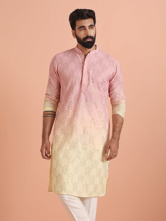 Pink to Cream Ombre Kurta with Geometric Print