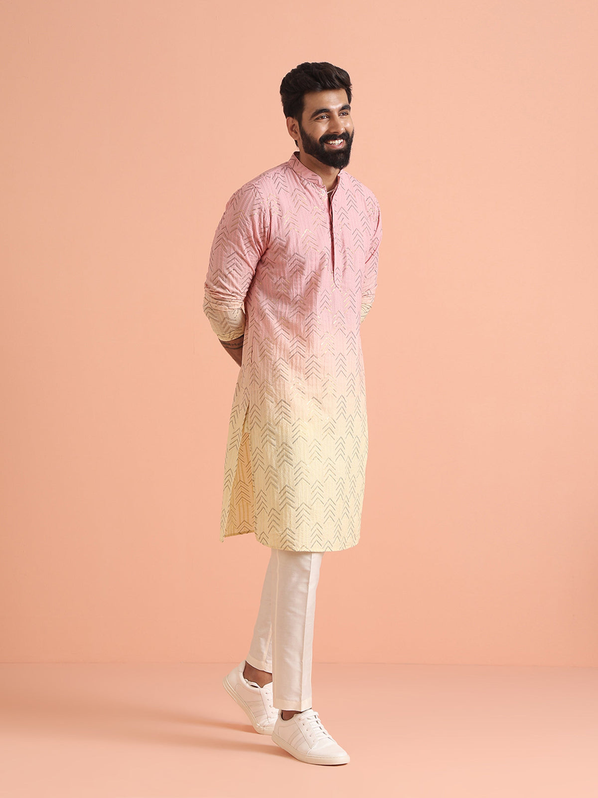 Pink to Cream Ombre Kurta with Geometric Print