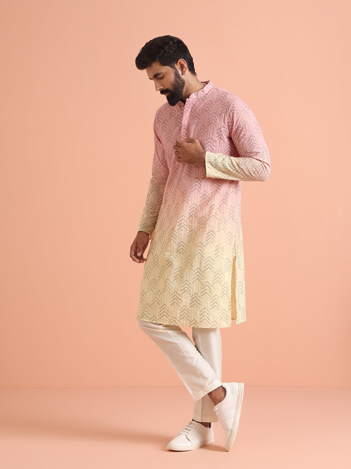 Pink to Cream Ombre Kurta with Geometric Print