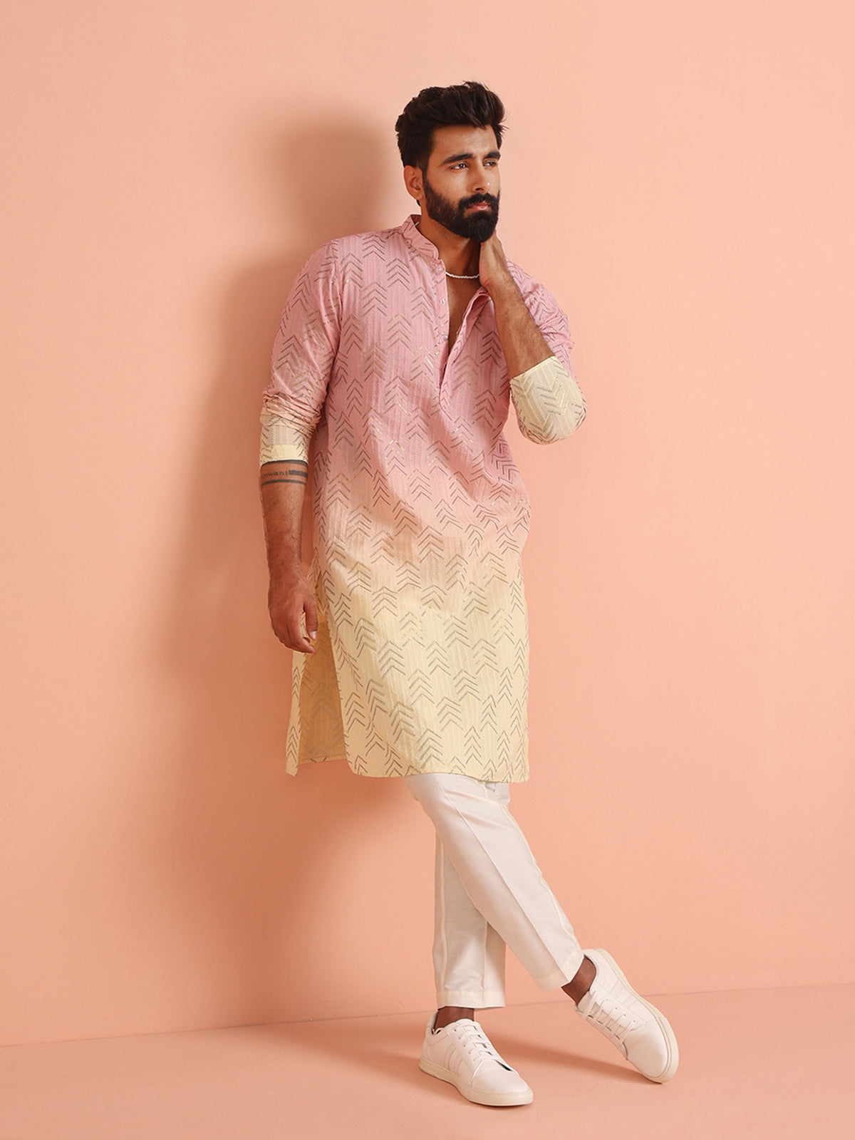 Pink to Cream Ombre Kurta with Geometric Print
