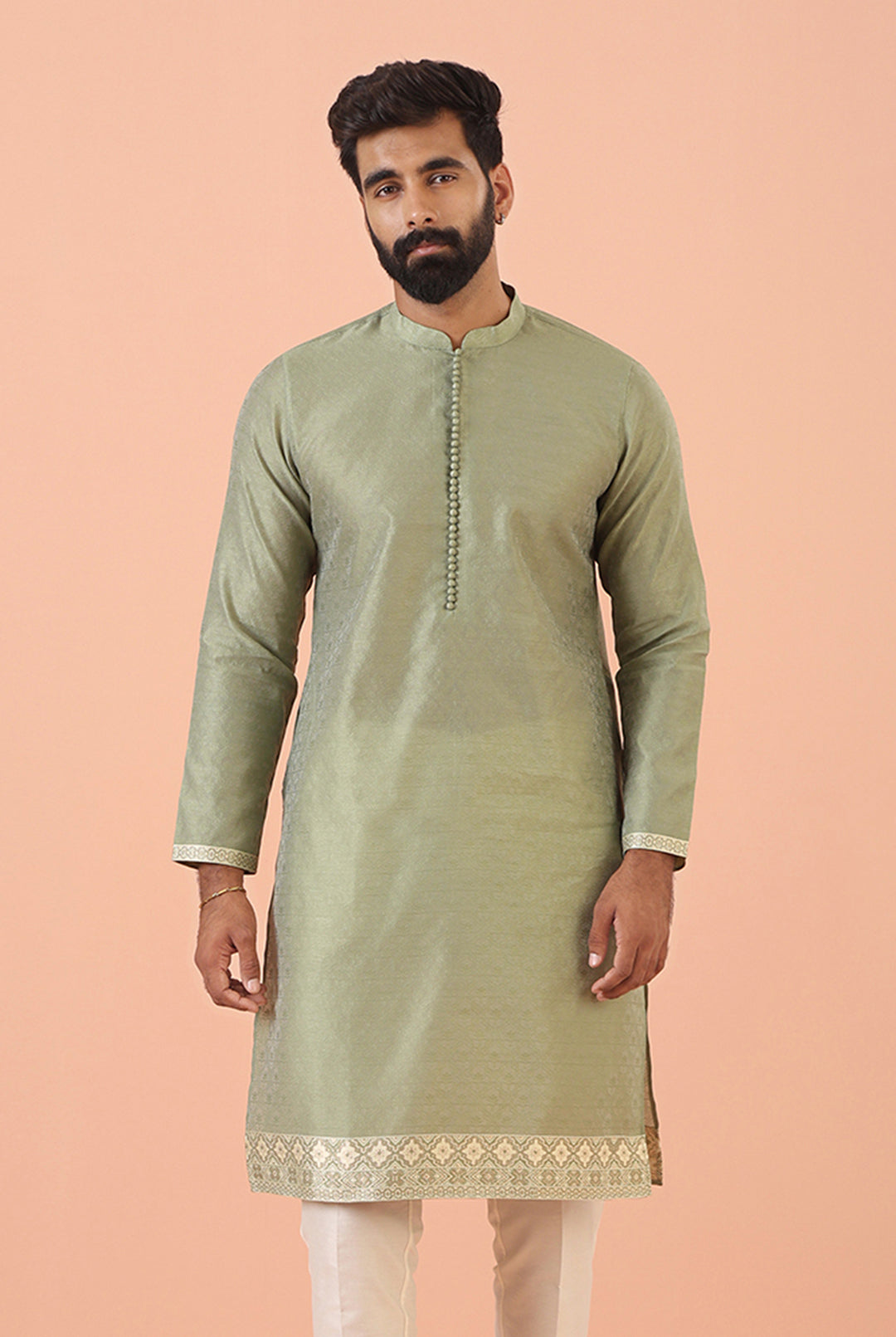 Sage Green Jacquard  Kurta with  Contrast Detailing