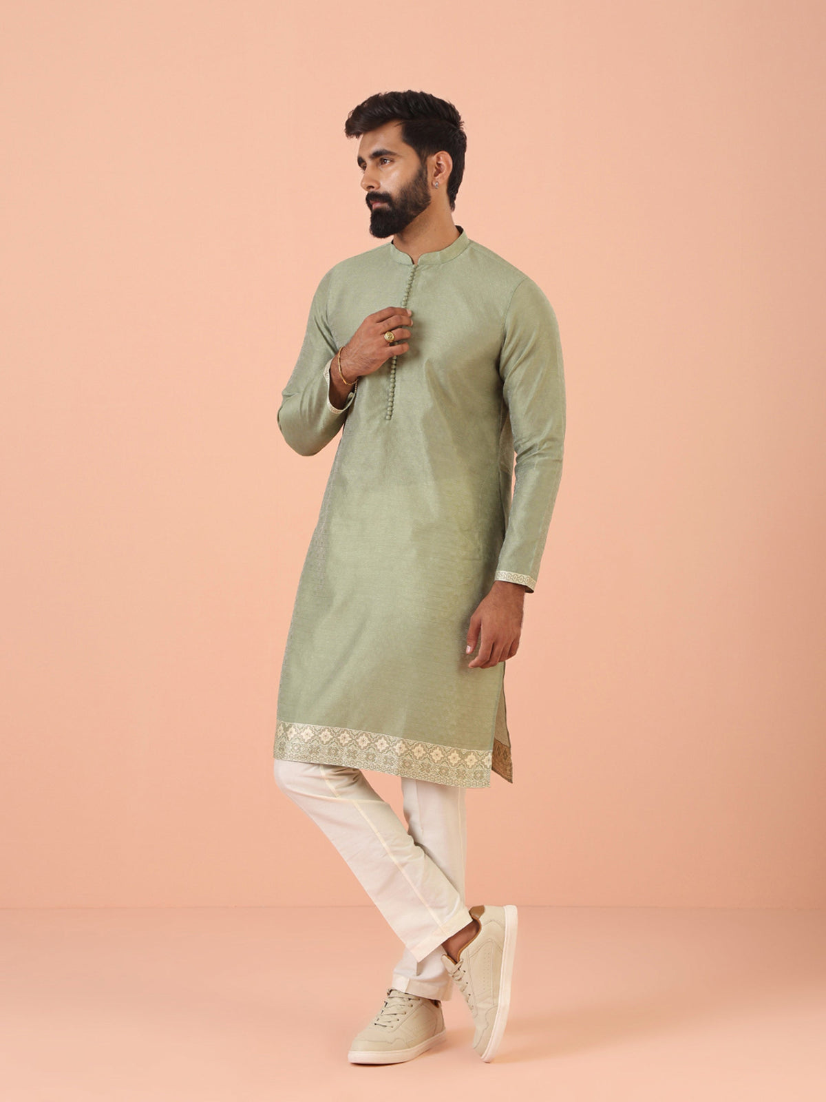 Sage Green Jacquard  Kurta with  Contrast Detailing