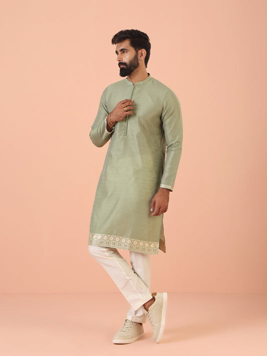Sage Green Jacquard  Kurta with  Contrast Detailing