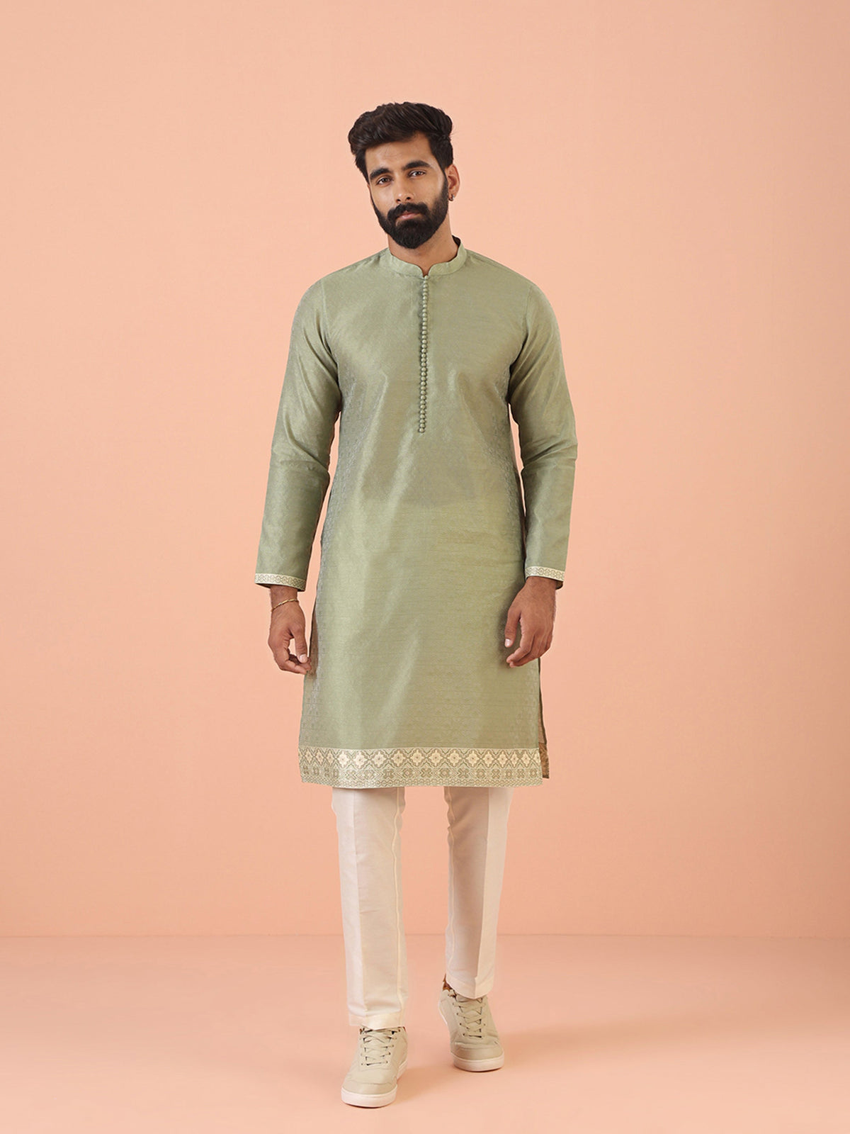 Sage Green Jacquard  Kurta with  Contrast Detailing