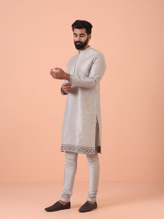 Grey Jacquard Kurta with  Hem Detailing
