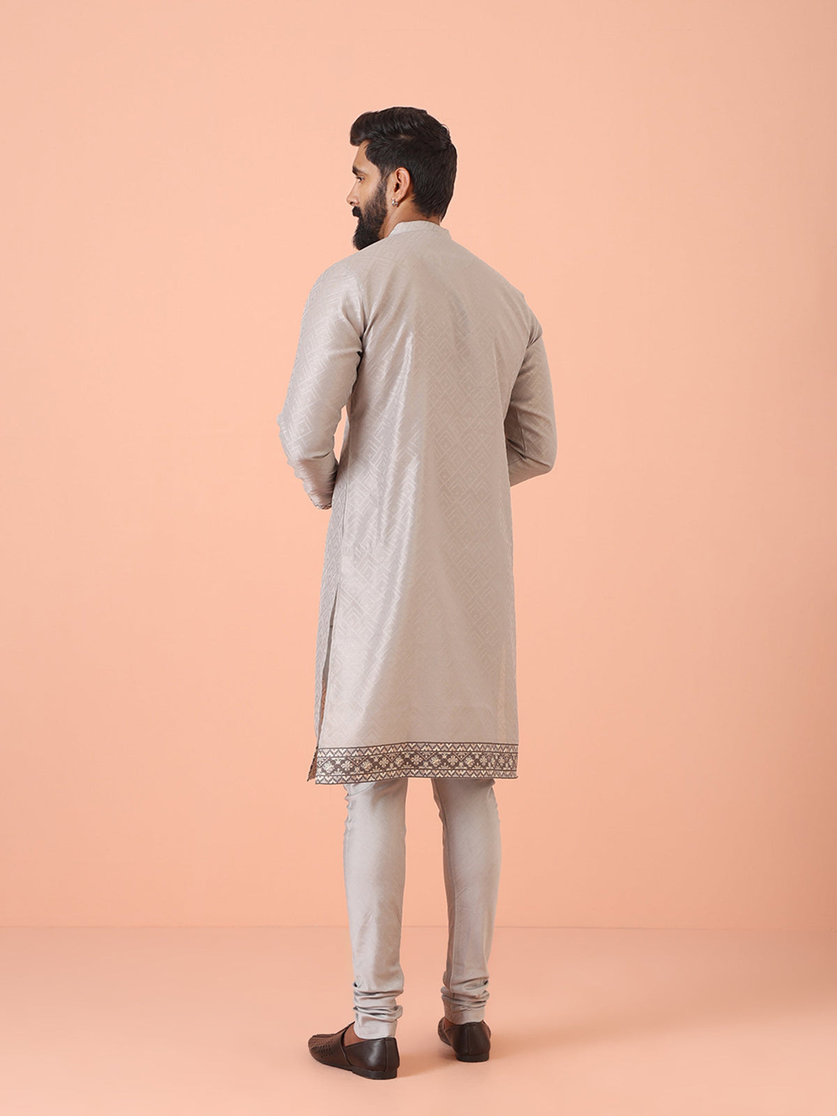 Grey Jacquard Kurta with  Hem Detailing