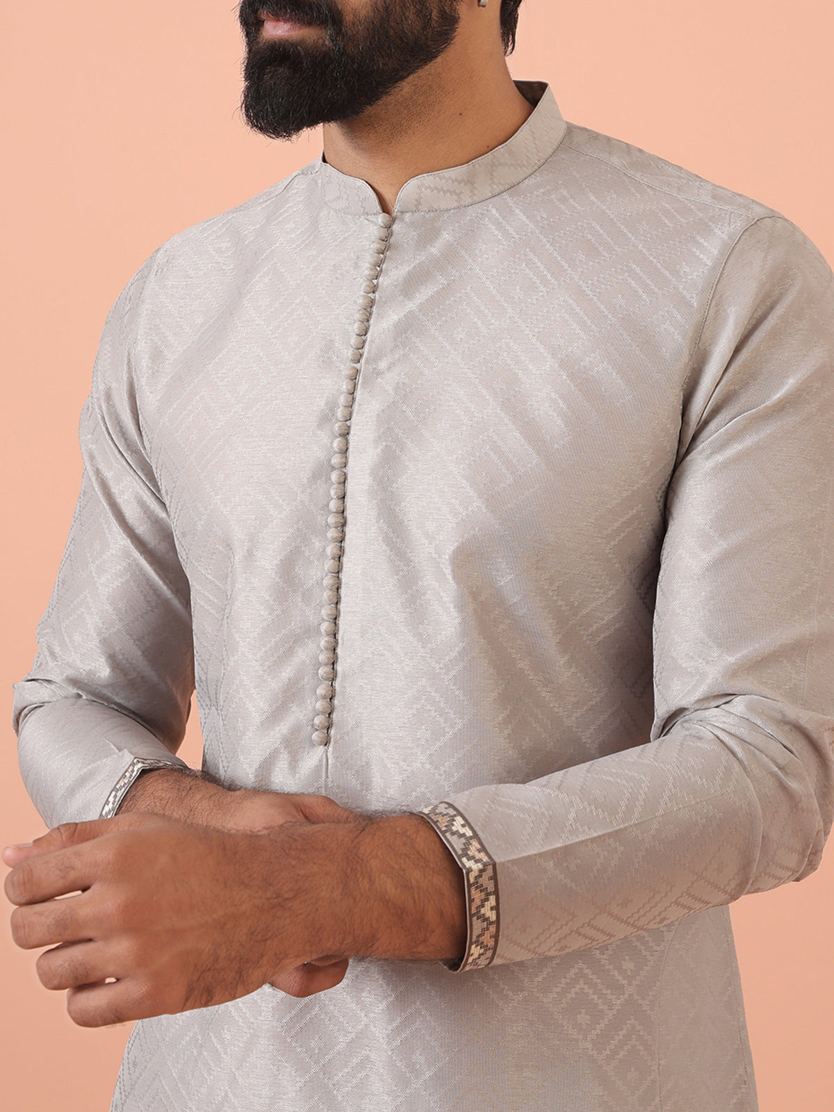 Grey Jacquard Kurta with  Hem Detailing