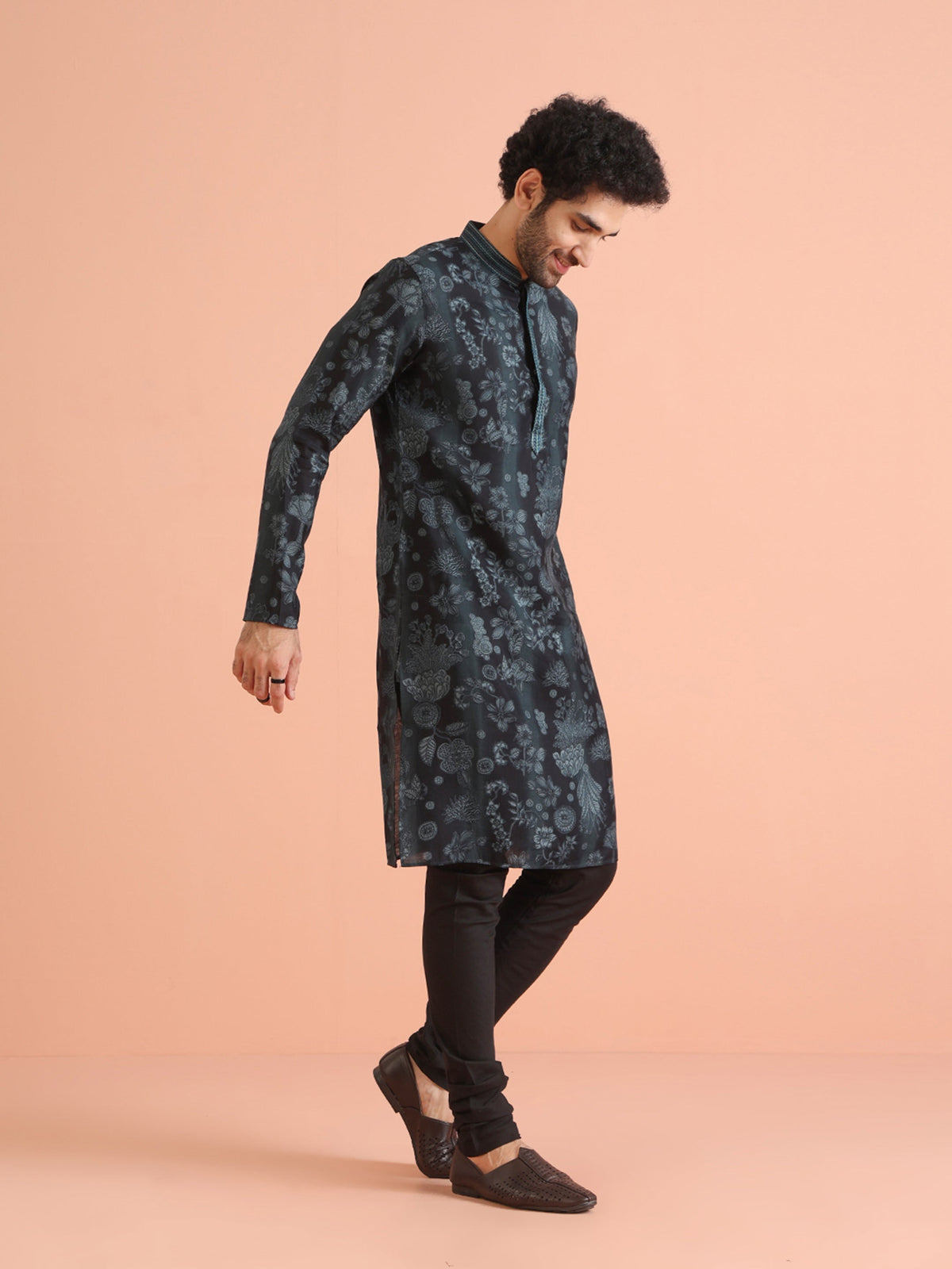 Black Floral Jacquard Silk Blend Kurta