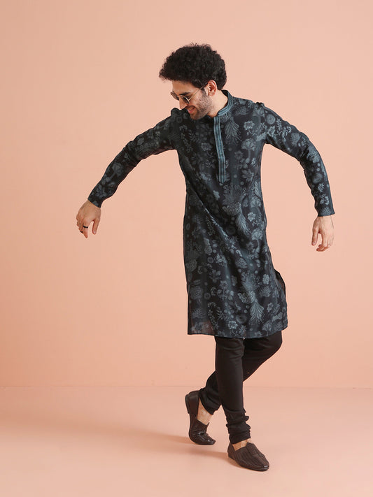 Black Floral Jacquard Silk Blend Kurta