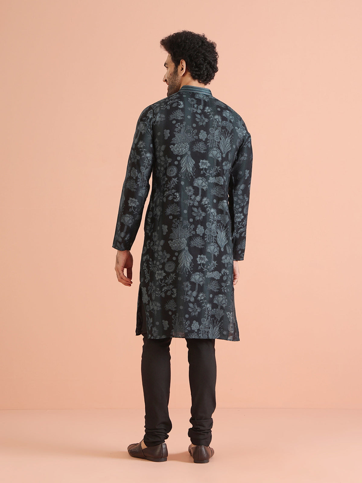 Black Floral Jacquard Silk Blend Kurta