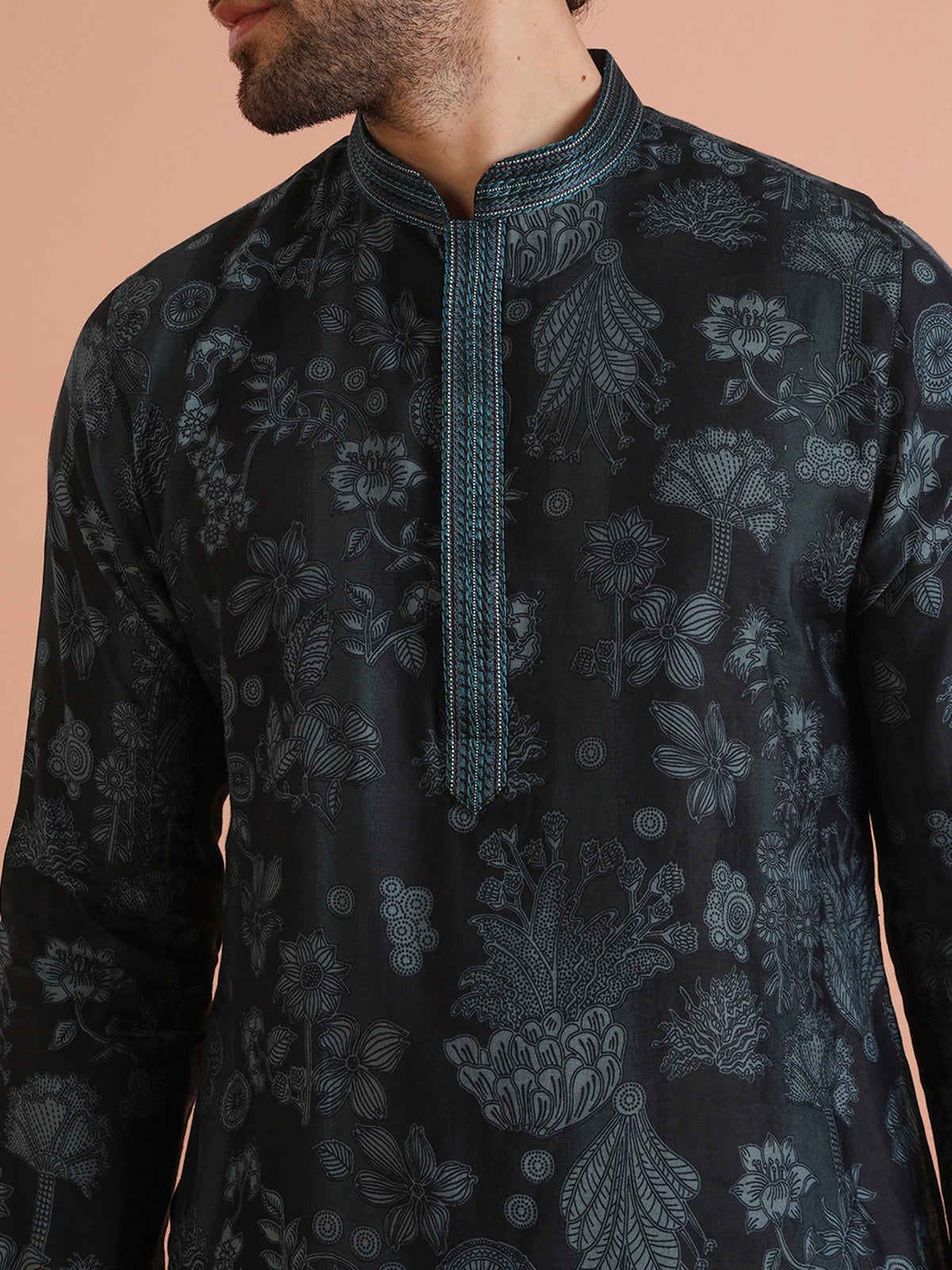 Black Floral Jacquard Silk Blend Kurta