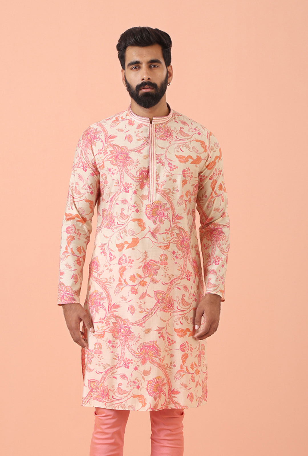 Cream Pink Floral Printed Kurta