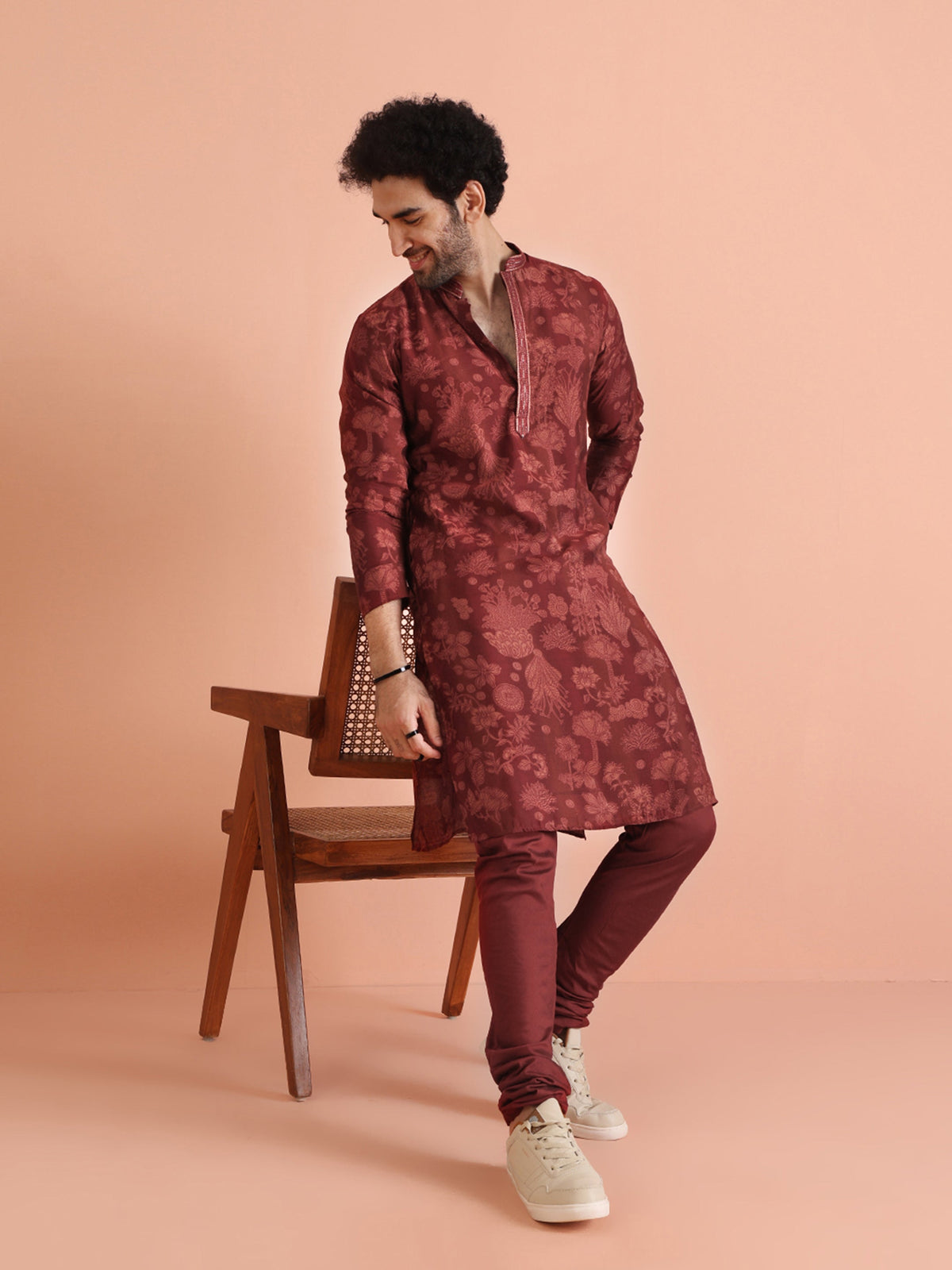 Maroon Silk Blend Floral Printed Kurta