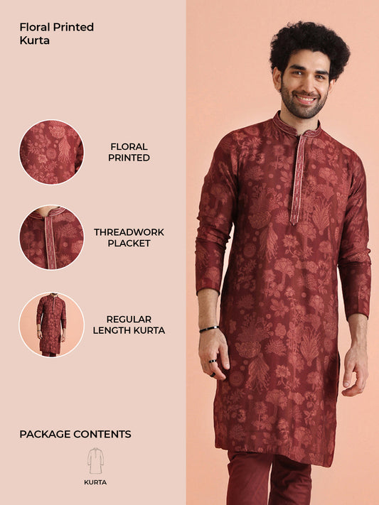 Maroon Silk Blend Floral Printed Kurta