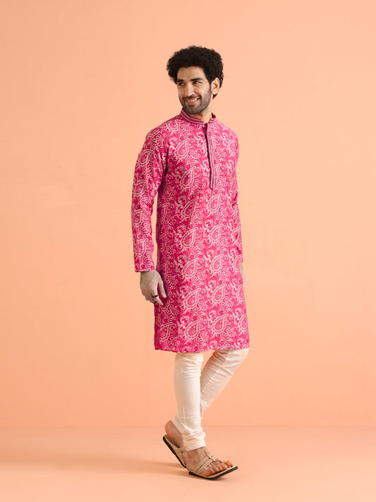 Pink Paisley Printed Silk Blend Kurta