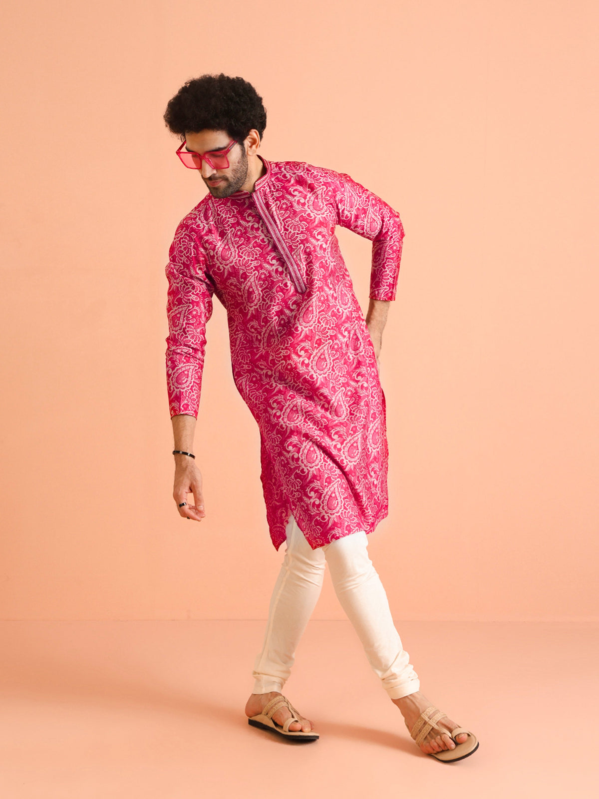 Pink Paisley Printed Silk Blend Kurta
