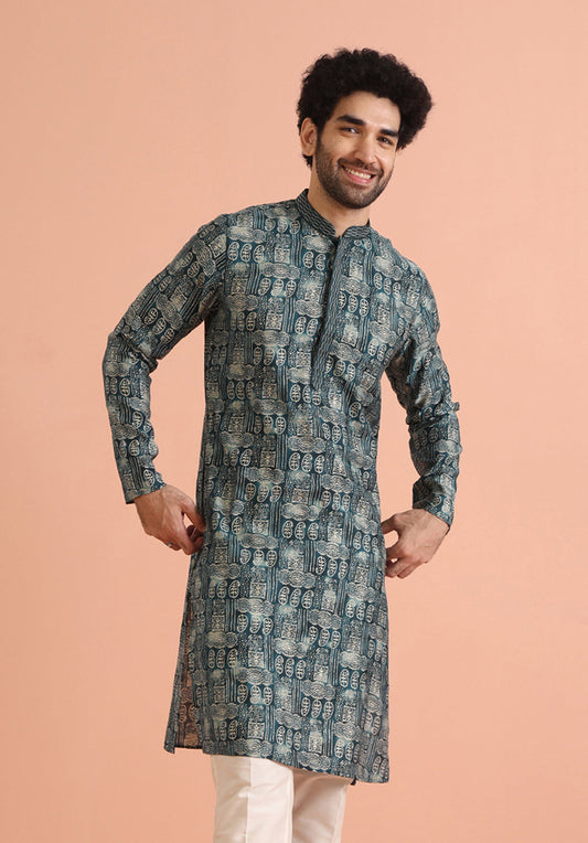 Teal Blue Abstract Printed Kurta