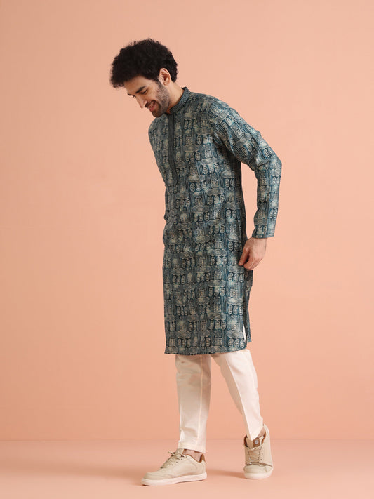Teal Blue Abstract Printed Kurta