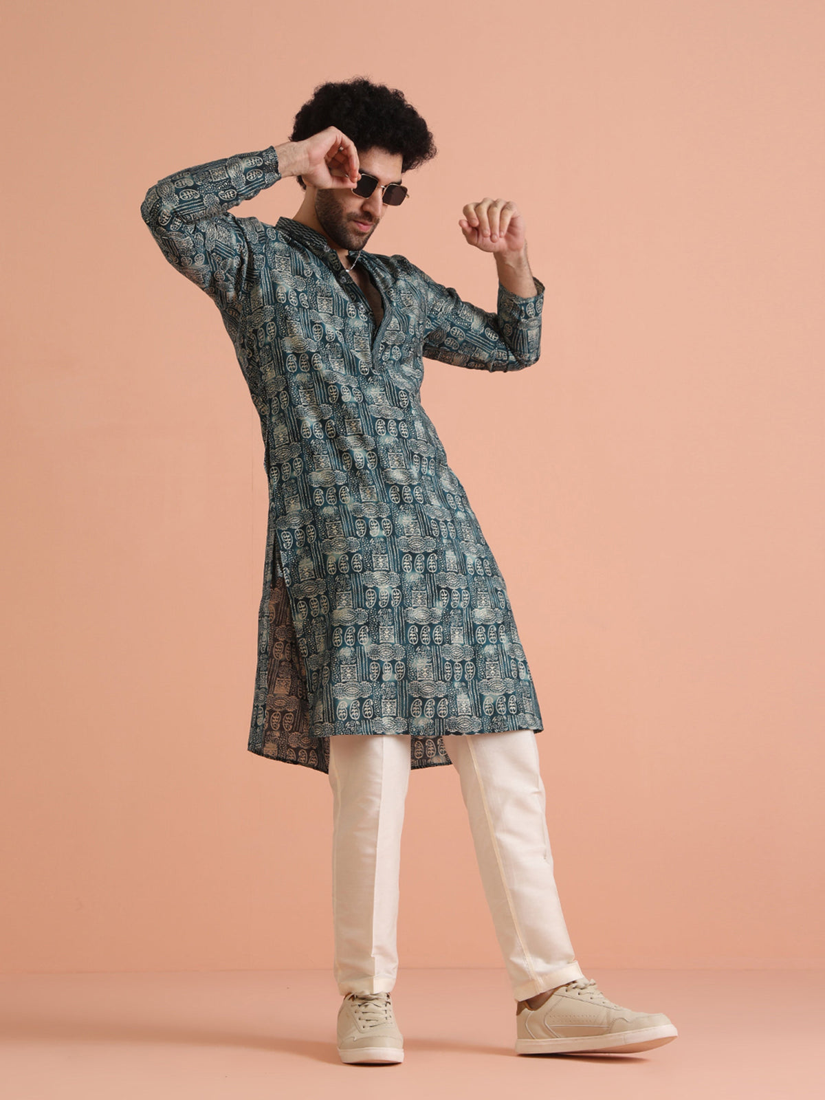 Teal Blue Abstract Printed Kurta