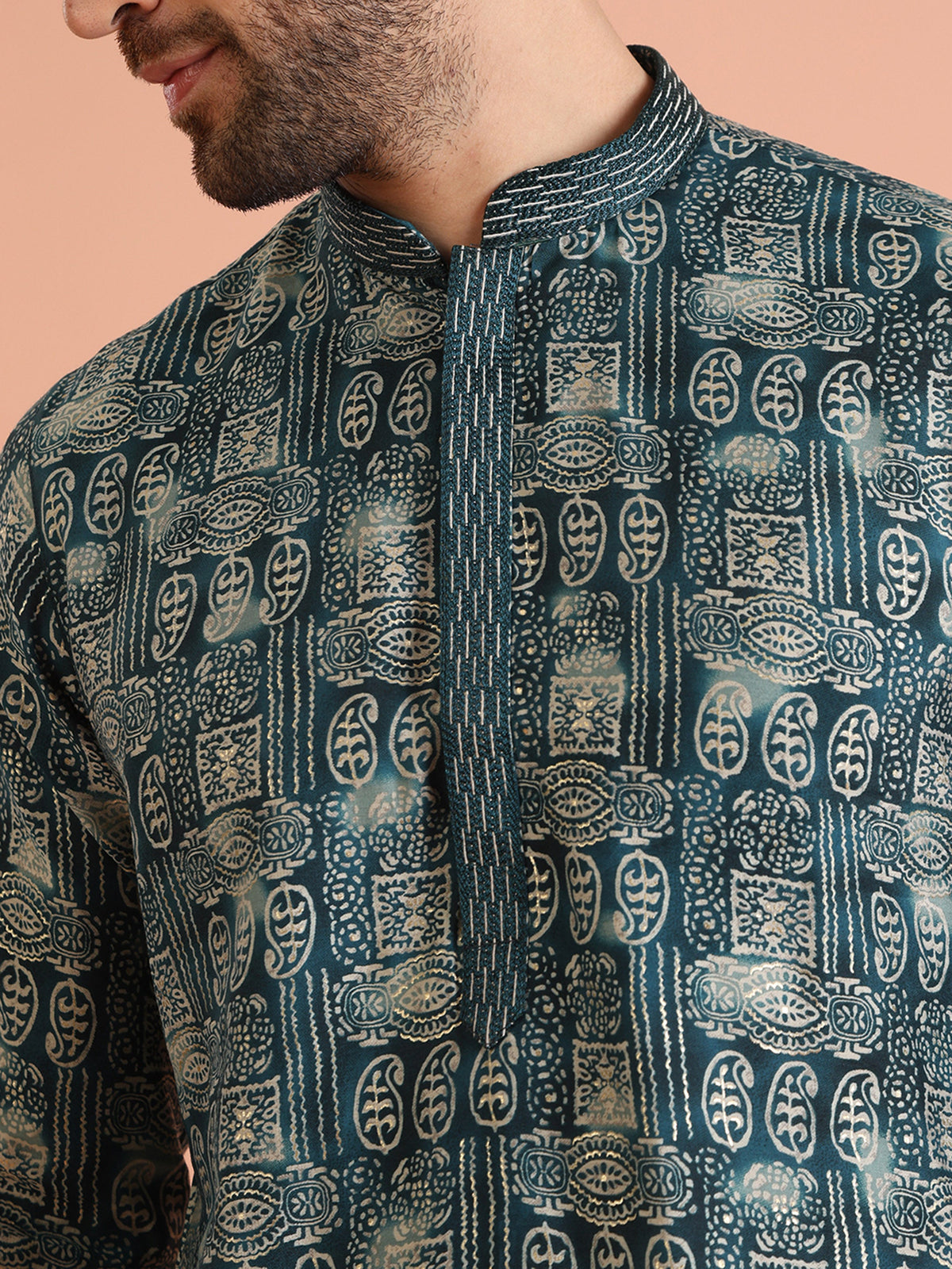 Teal Blue Abstract Printed Kurta