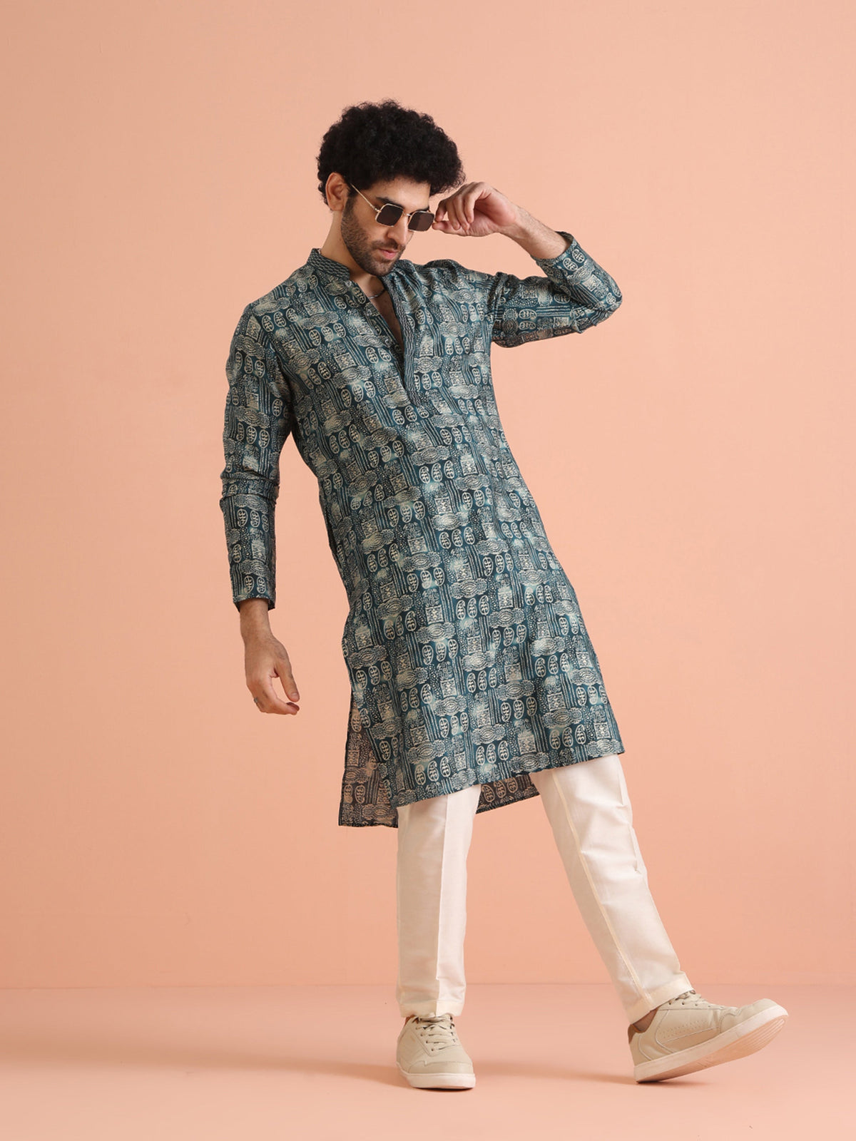 Teal Blue Abstract Printed Kurta