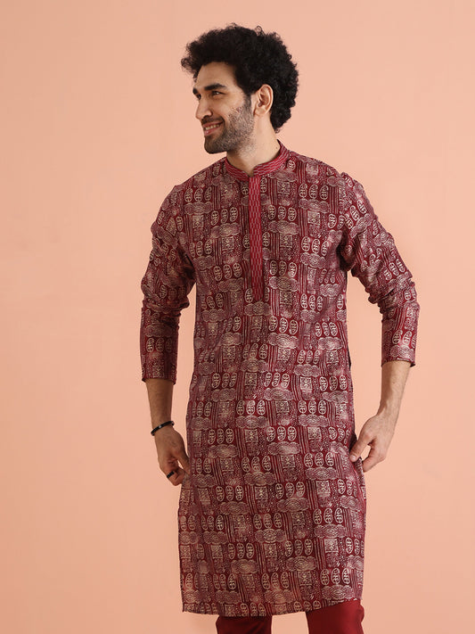 Maroon Cotton Silk Printed Long Kurta