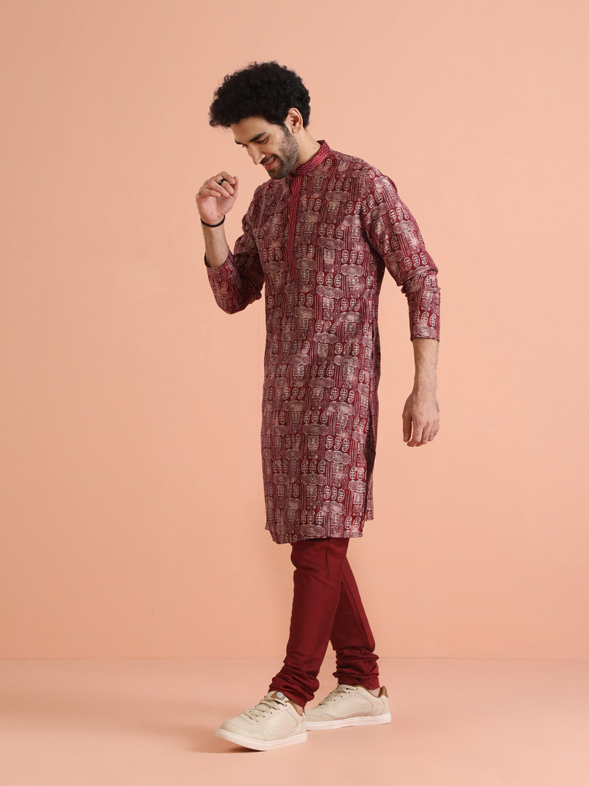 Maroon Cotton Silk Printed Long Kurta